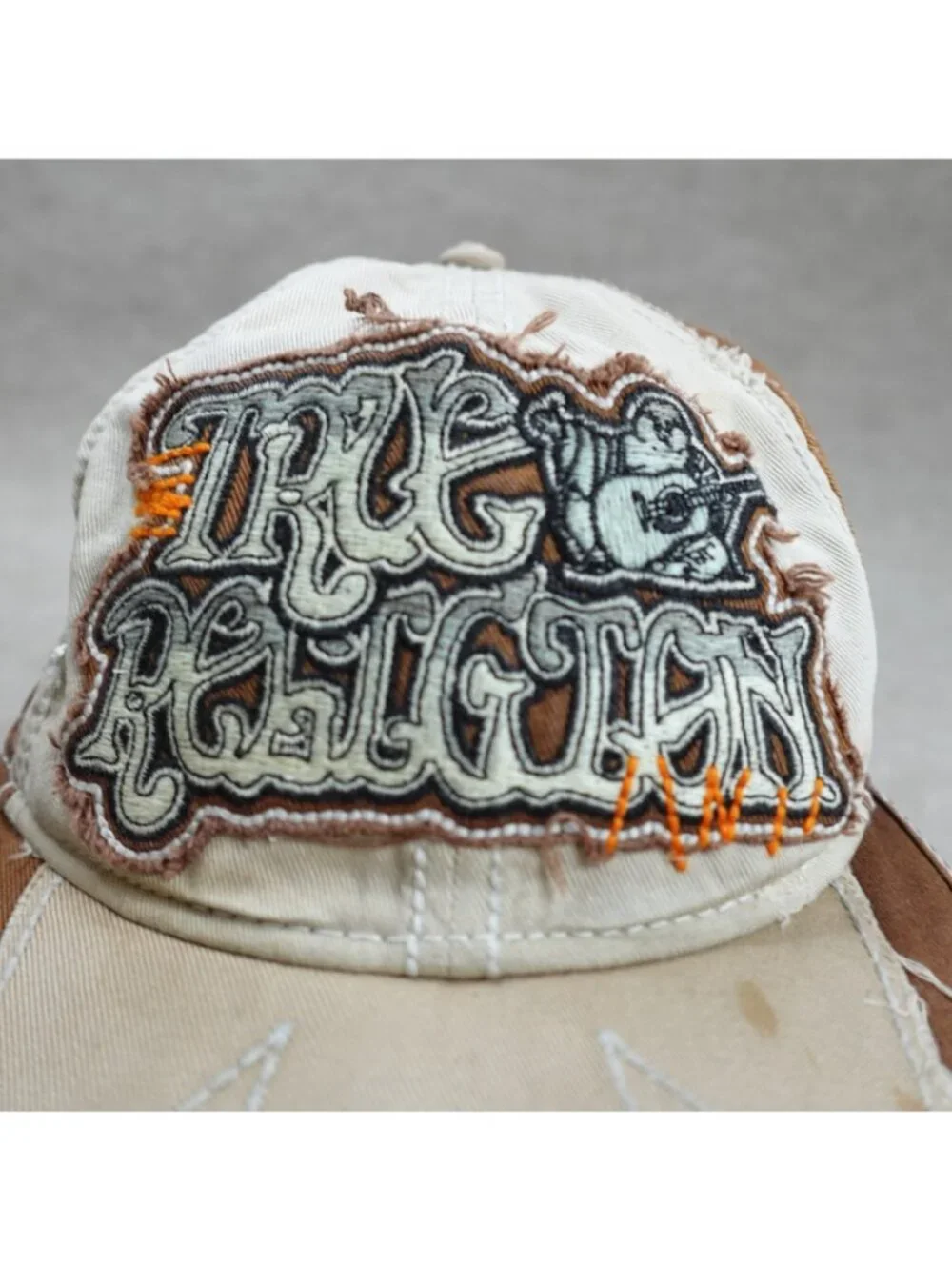 True Religion Mens Hat Brown Embroidered Distressed Strapback